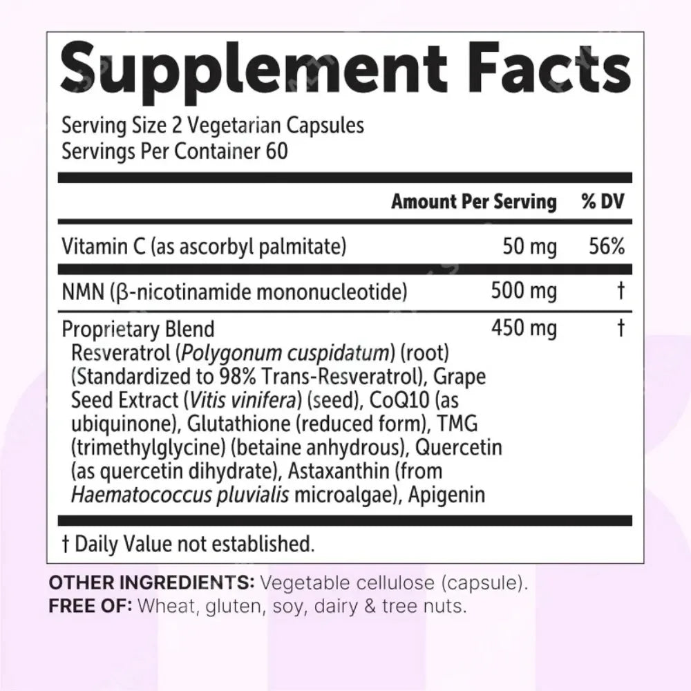 NMN Capsules 1000mg Per Serving with Resveratrol CoQ10 Vitamin C Vegan Formula Daily Wellness Supplement Clean Ingredients 120Ct