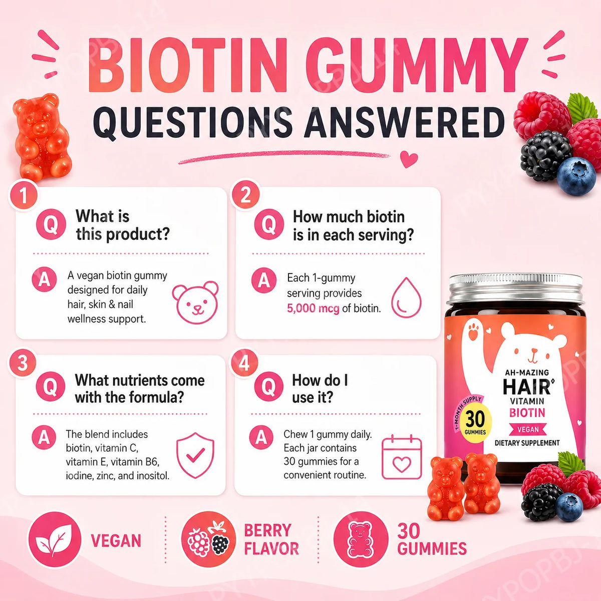 Biotin Gummies 5000 Mcg Hair Skin Nails Support Vegan Beauty Vitamins 30 Gummies Daily Wellness Supplement