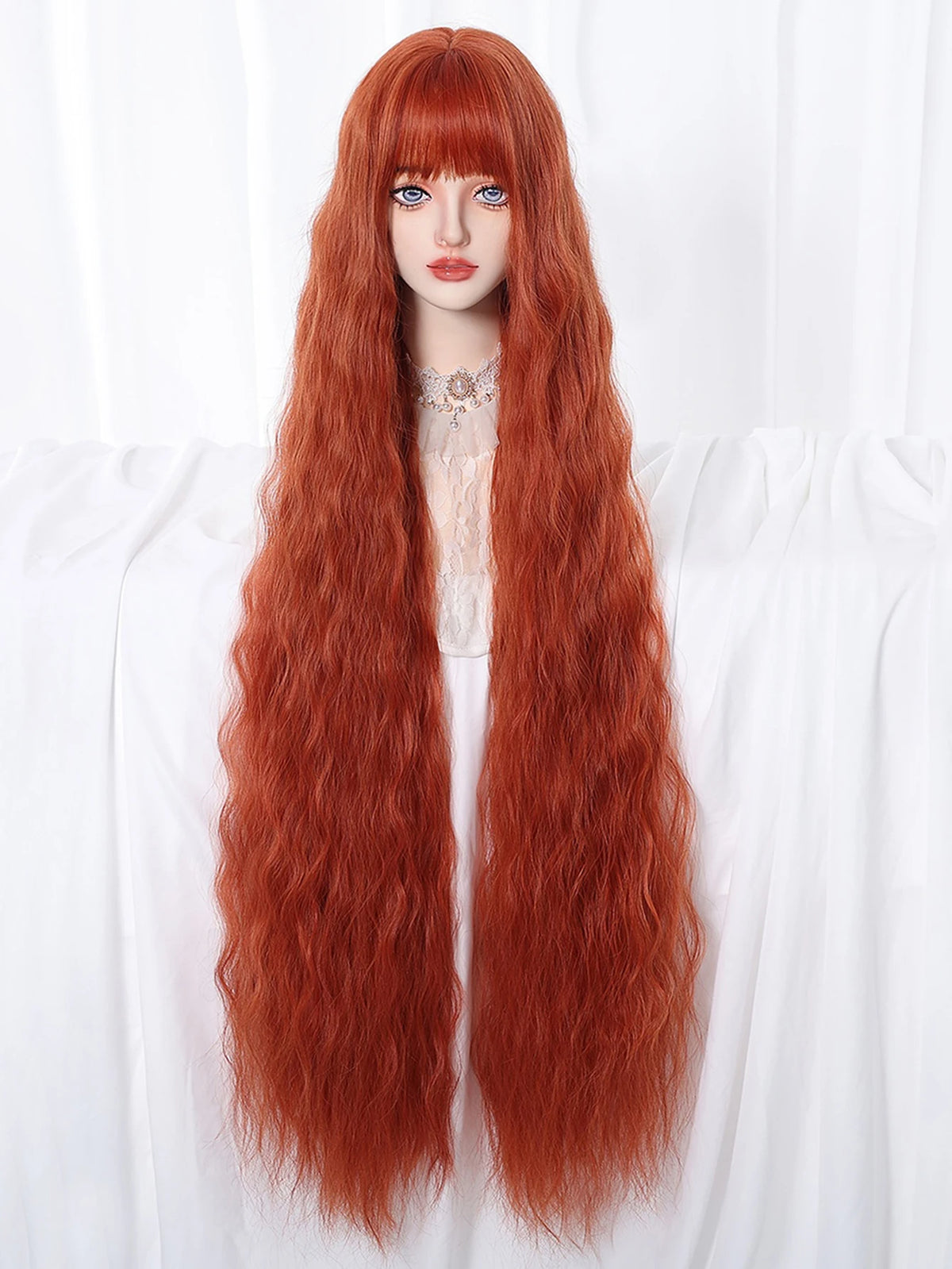 Copper Red Super Long Curly Synthetic Wig with Bangs Ginger Lolita Wavy Heat Resistant Cosplay Halloween Party Wigs for Women
