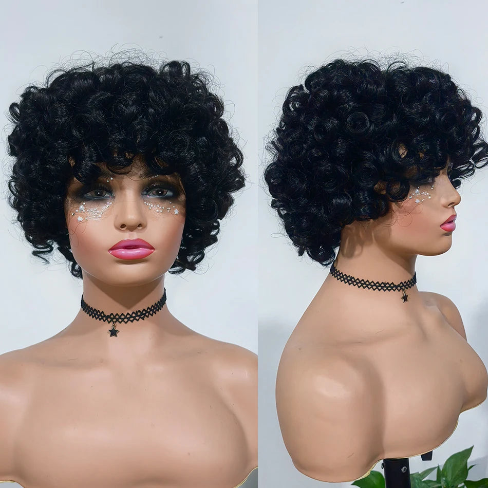 100% Brazilian Virgin Human Hair Short Curly Wigs for Black Women Non Lace Glueless Natural Black Deep Curly Wigs With Bangs