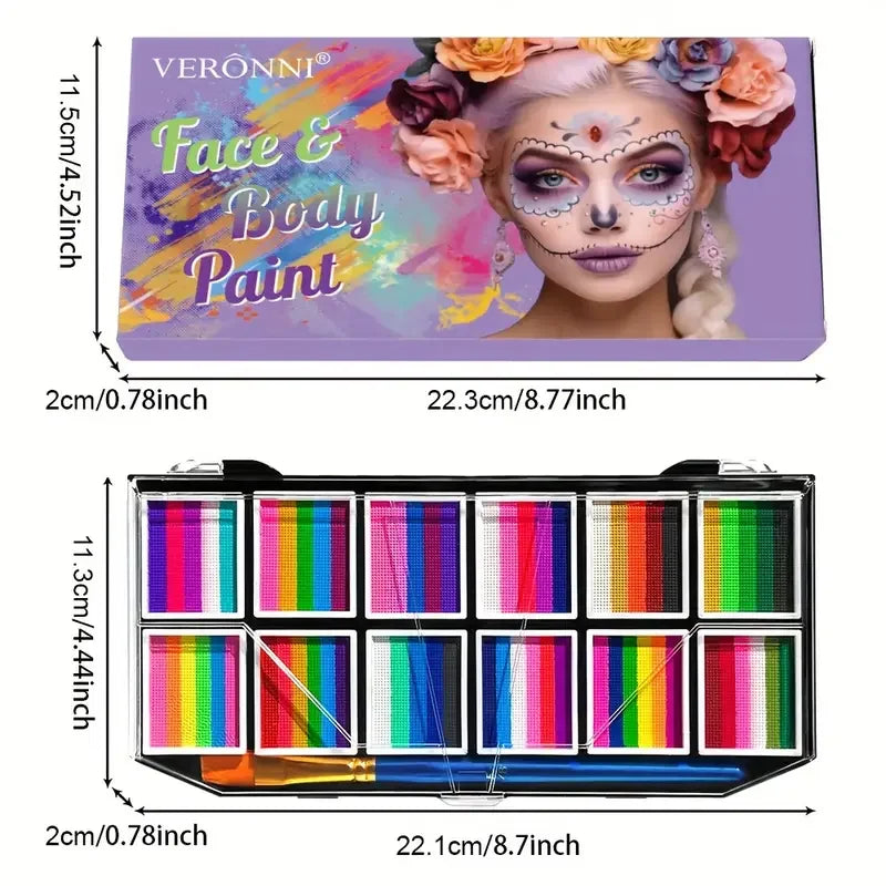 12-Color Rainbow Face and Body Paint Kit, Water-Soluble, Vibrant Palette with Brush for Halloween, Cosplay, Parties,Party Makeup