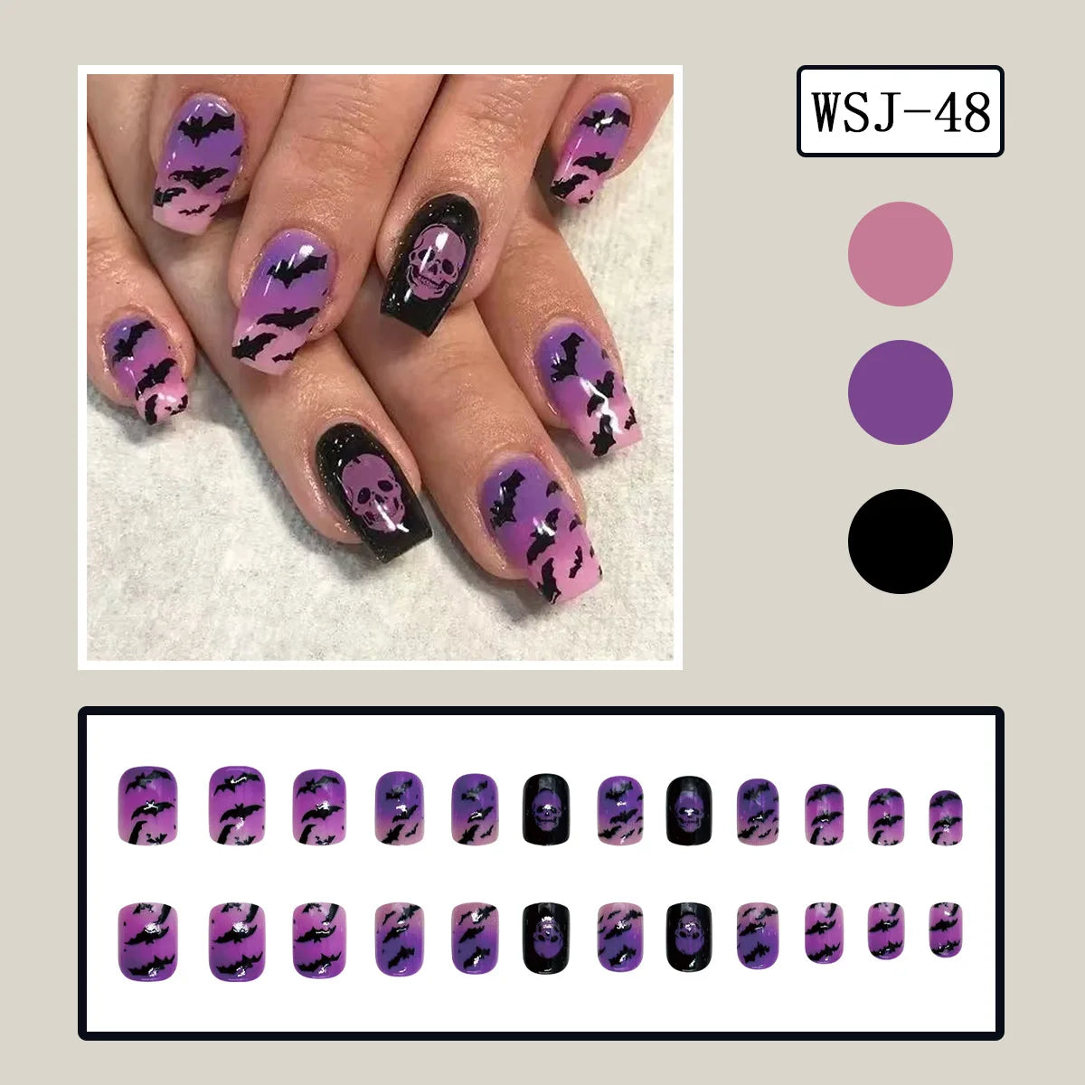 24pcs Simple Almond Press on Nails Cute White Ghost Bat Decor False Nails Wearable Reusable Spicy Cool Halloween Fake Nail Tips