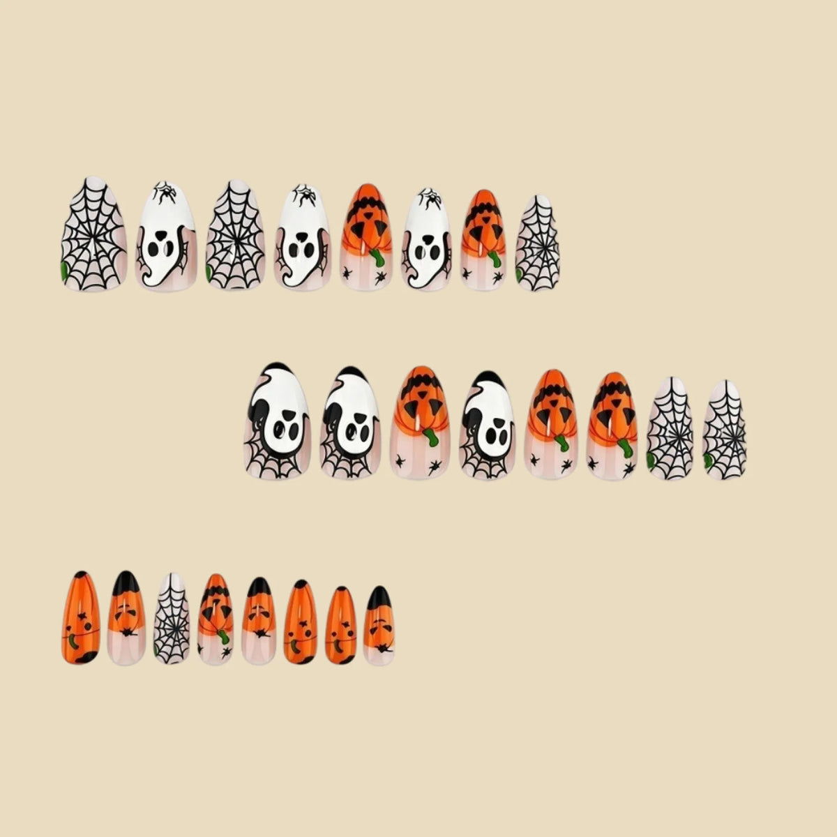 24pcs Halloween Press On Nails Ghost Pumpkin Spider-Web Bat Design Fake Nails For Women Girls Wearable False Nail Tips