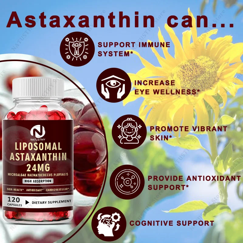 Liposomal Astaxanthin Capsules 24mg for Brain, Heart Vitality, Skin, Joint, Eye, Immune Health