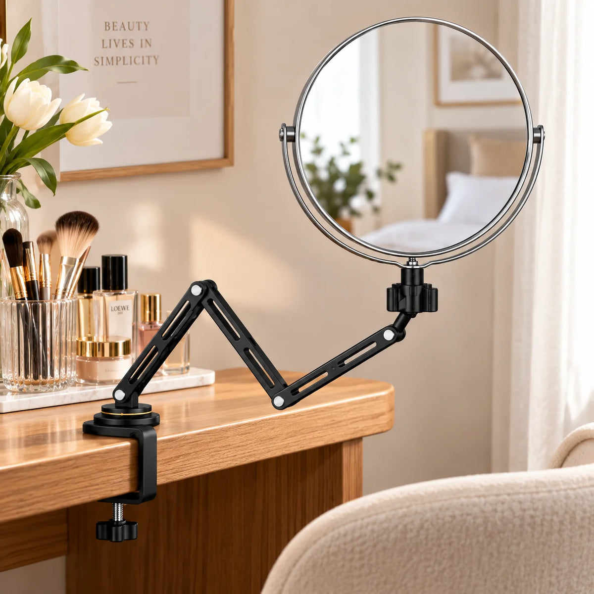 Double-sided Vanity Makeup Mirror Adjustable Wall Mounted Desktop Bathroom Shaving Mirror With Light Rotating Extendable Arm