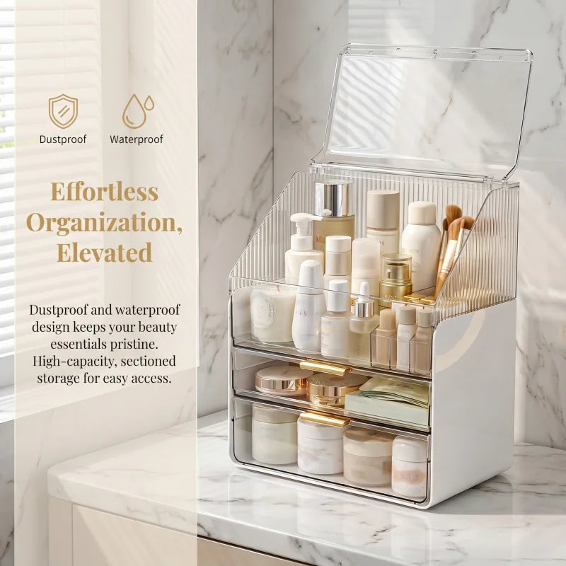 Makeup Organizer Countertop with Lid 3 Tiers Clear Skincare Cosmetic Display Storage Case for Vanity Bedroom Bathroom Dresser