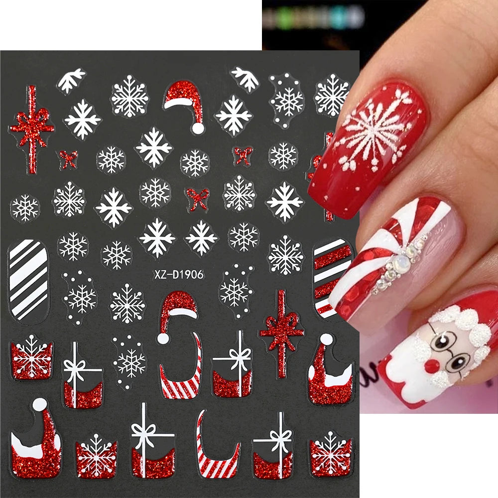 12Pcs Red Glitter Christmas Nail Sticker Gold Silver 3D Santa Claus/Snowflake/Elk/Snowman Winter Nail Decals Xmas Festival Decor