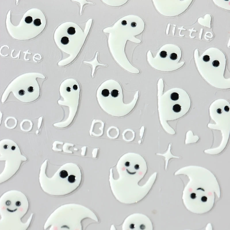 Halloween Nail Stickers - 3D Glow in Dark Cute Ghost Design Luminous Self Adhesive Nail Decals for Halloween