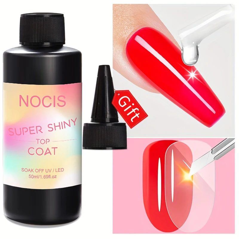 Super Top Coat 50ml - No Wipe, Soak Off LED Nail Art Gel, Hypoallergenic Varnish, Formaldehyde-Free, Glossy Finish for Adults