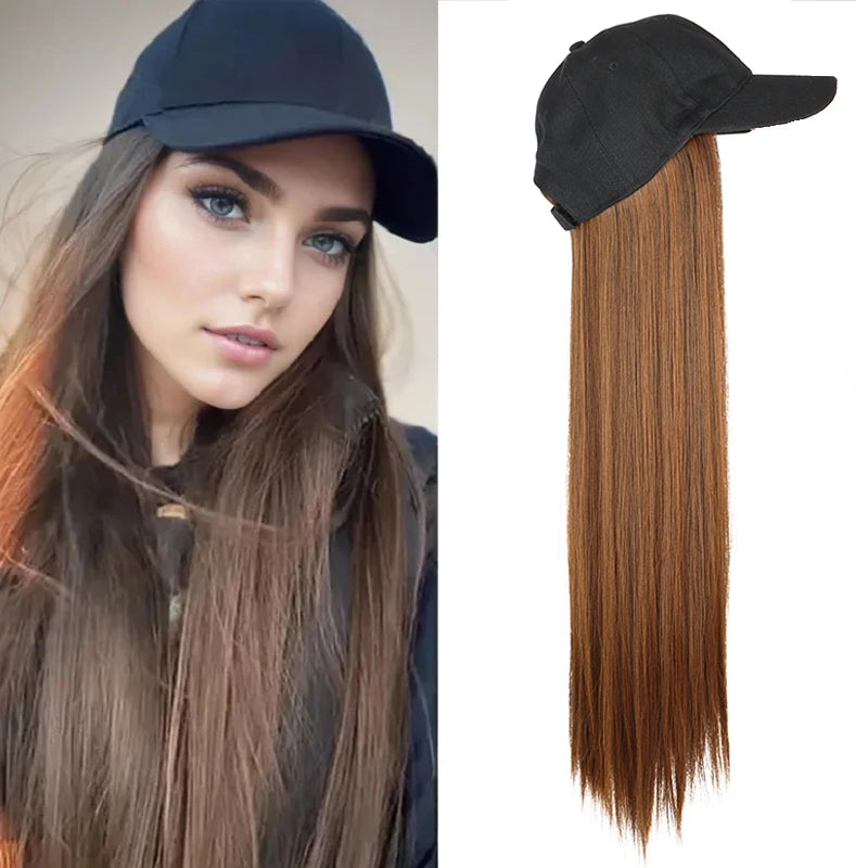 24Inch Synthetic Long Straight Baseball Hat Adjustable Wig Black Brown Hairpiece for Women