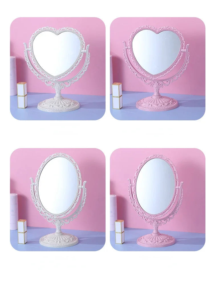 Pink Heart Shape European-Style Retro Make Up Mirror Lovely Girl Oval Princess Cosmetic Creative Retro Girls Student Dormitory