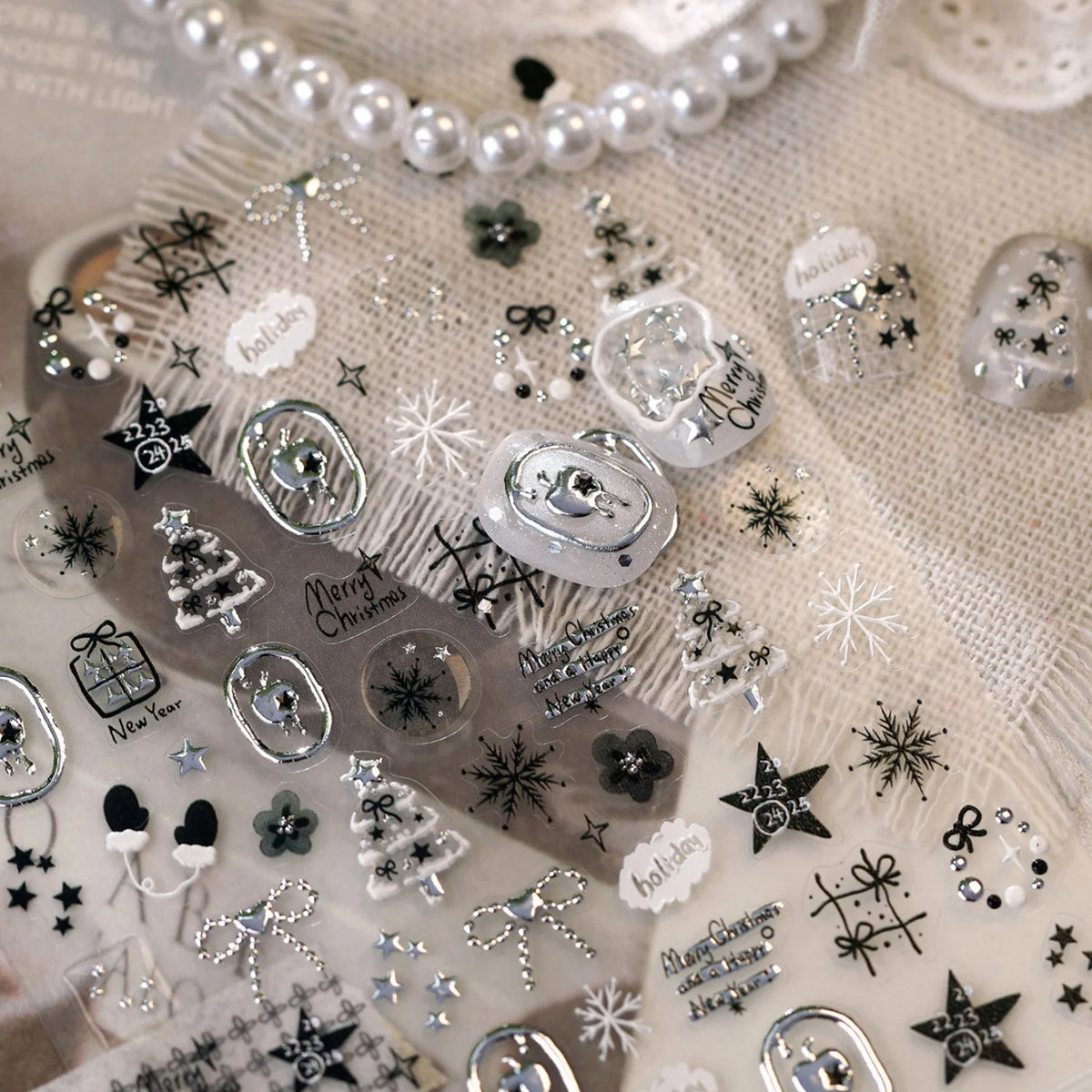 Elegant Winter 5D Silver Metal Xmas Tree Snowflake Bow Star Heart Frame Merry Christmas Nail Art Stickers Manicure Decals DIY
