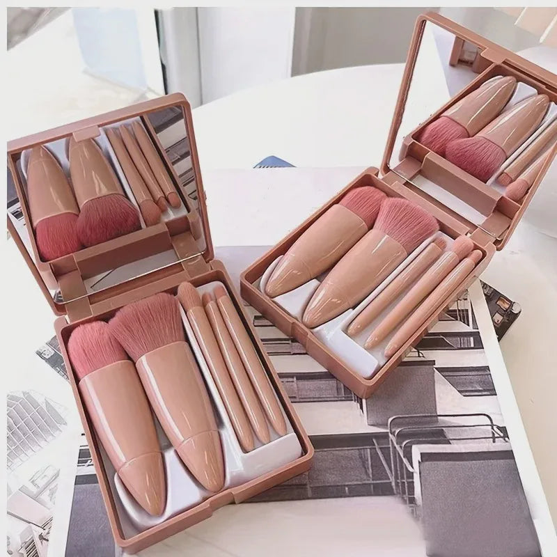 1sets 5Pcs Portable Makeup Brush Set With Mirror - Foldable Travel Kit ，Mini Makeup Brush Set Travel Makeup Brush Set