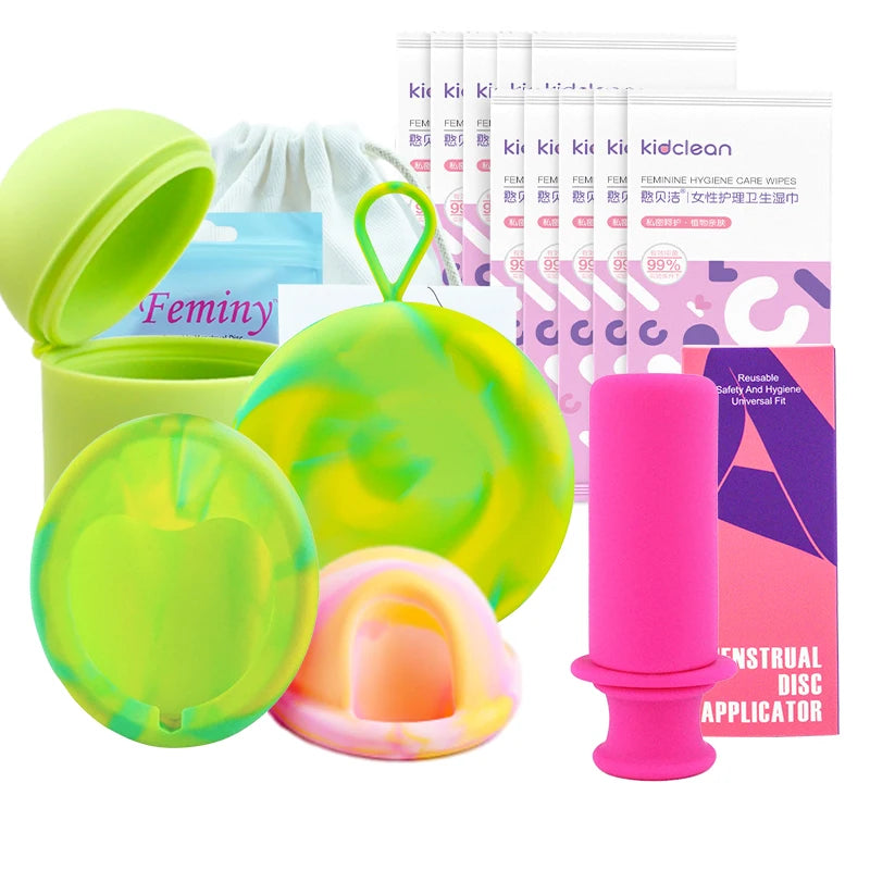 Feminy Menstrual Disc Kit Medical Grade Reusable Soft Silicone Period Disc with Sterilizer Case Applicator Leakproof Monthly Cup