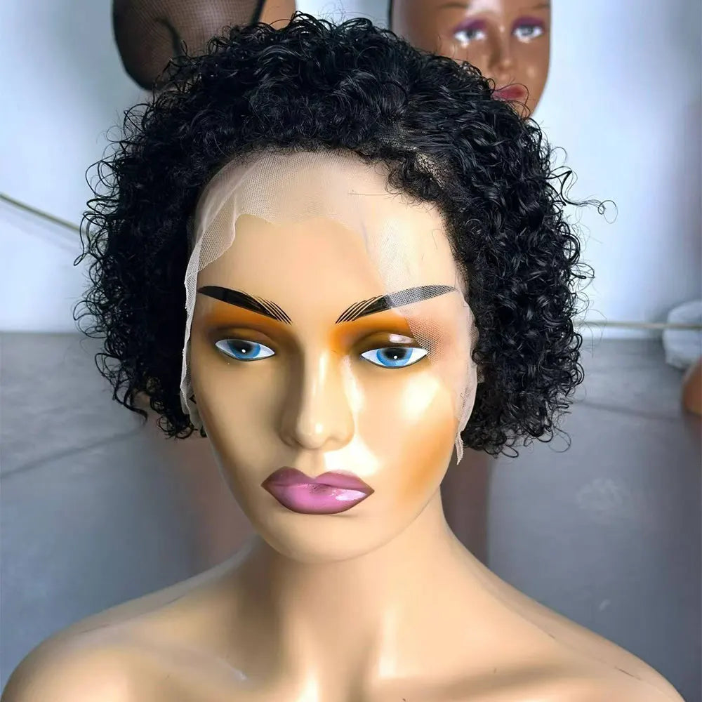 Short Curly Wig 4 Inch 13X4 Lace Front Wig With 4C Baby Hair Hairline Pixie Cut Curly Hair Wigs Human 180% Density With Drawstri
