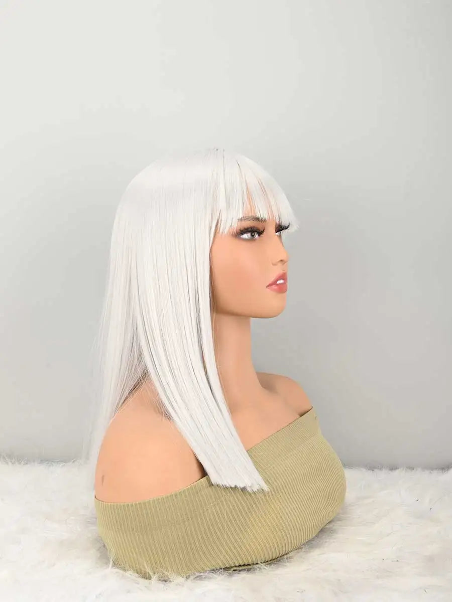 white Bob Wig with Bangs, Short white Wig for Women Straight Bob Wigs Heat Resistant Synthetic wig Mia Wallace Cleopatra Cospaly Daily Party Use