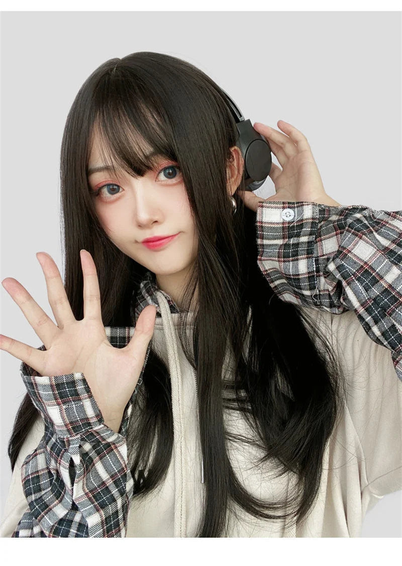 Korea Hair Extensions Synthetic Cute JK Girl Cosplay Air Bangs Wig Breathable Head Cover 50cm Long Straight Wig Hat for Women