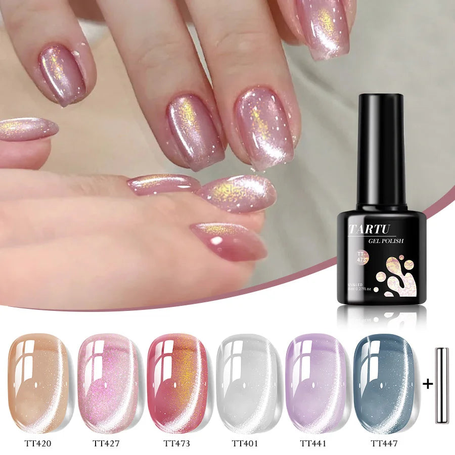 TARTU 6pcs 8ml Nude Pink Red Blue Green Brown Black Cat Eye Nail Gel Set, 6 Colors Semi-permanent Gel Polish Kit, Soak Off Uñas