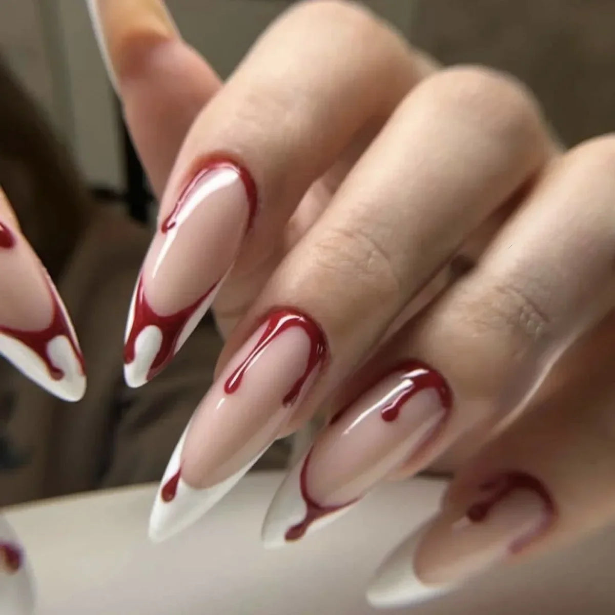 24Pcs Long pointed Halloween False Nails White Irregular Flame Stripes Nail Art Fake Nail Stickers For Women and Girls