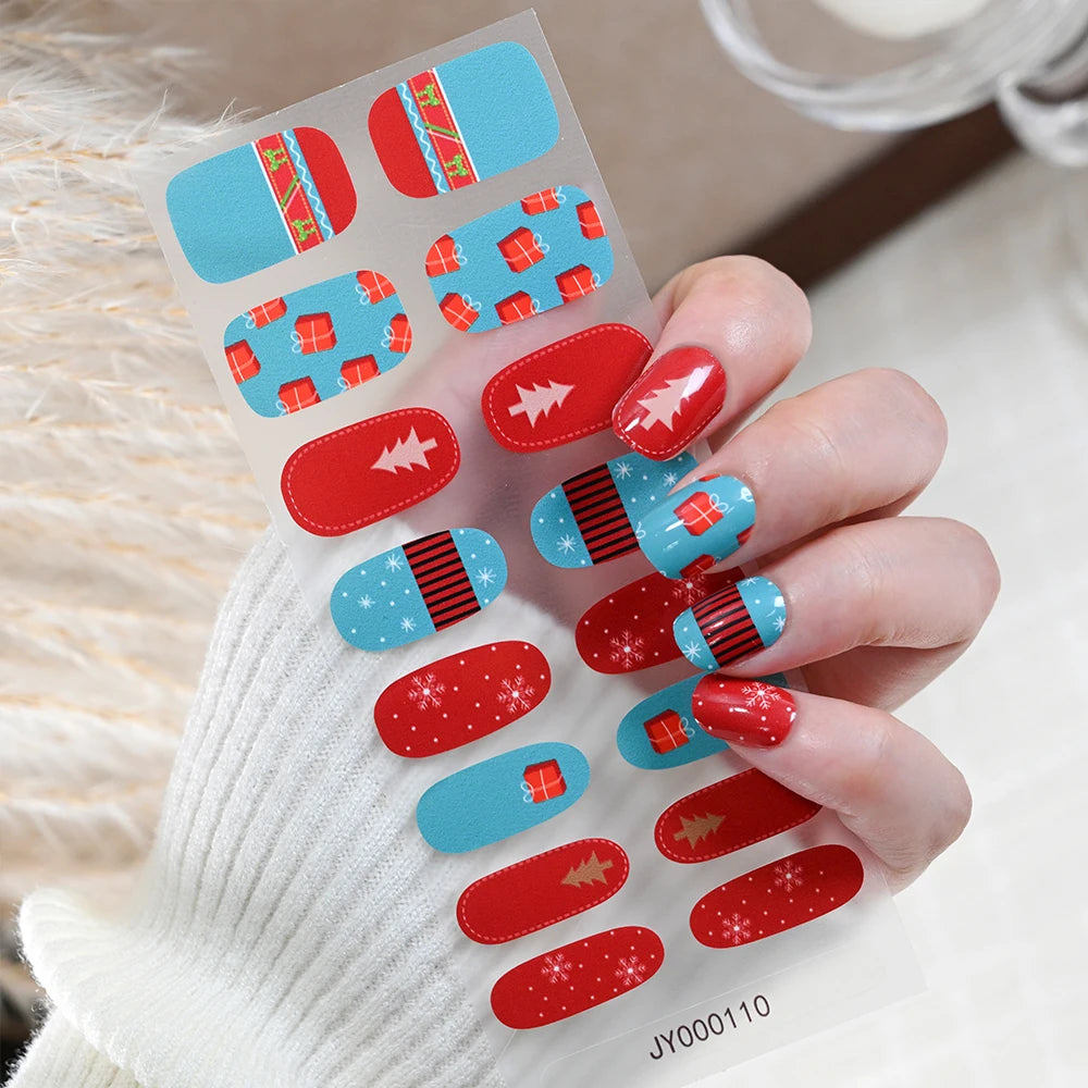 16Tips Christmas Nail Polish Stickers Baking Free Snowflake Santa Claus Elk Design Self-adhesive Nail Art Wrap Xmas Nail Decals*