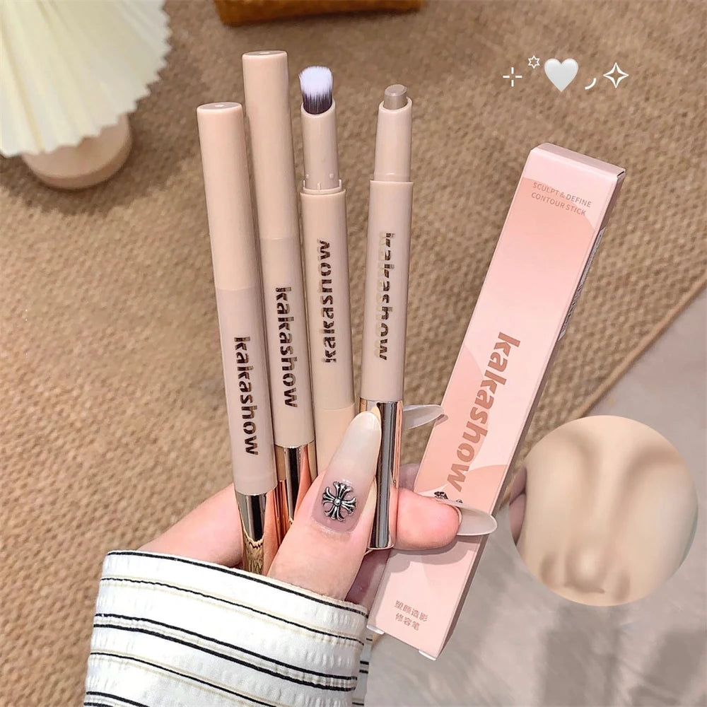 3D Contouring Pen Matte Bronzer Stick Grey Brown Nose Shadow Contour Pen With Brush Double Head Facial Contour Stick Makeup