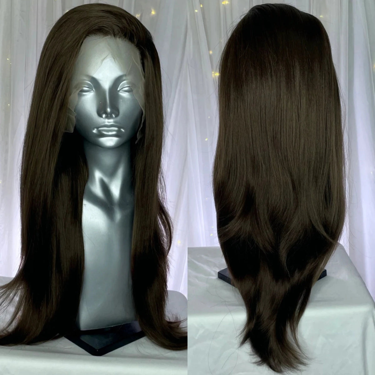Long Wavy Dark Brown Synthetic Lace Front Wigs for Women Free Part Layered Cut Natural Wave Brunette Colored 13X4 Wigs Daily Use