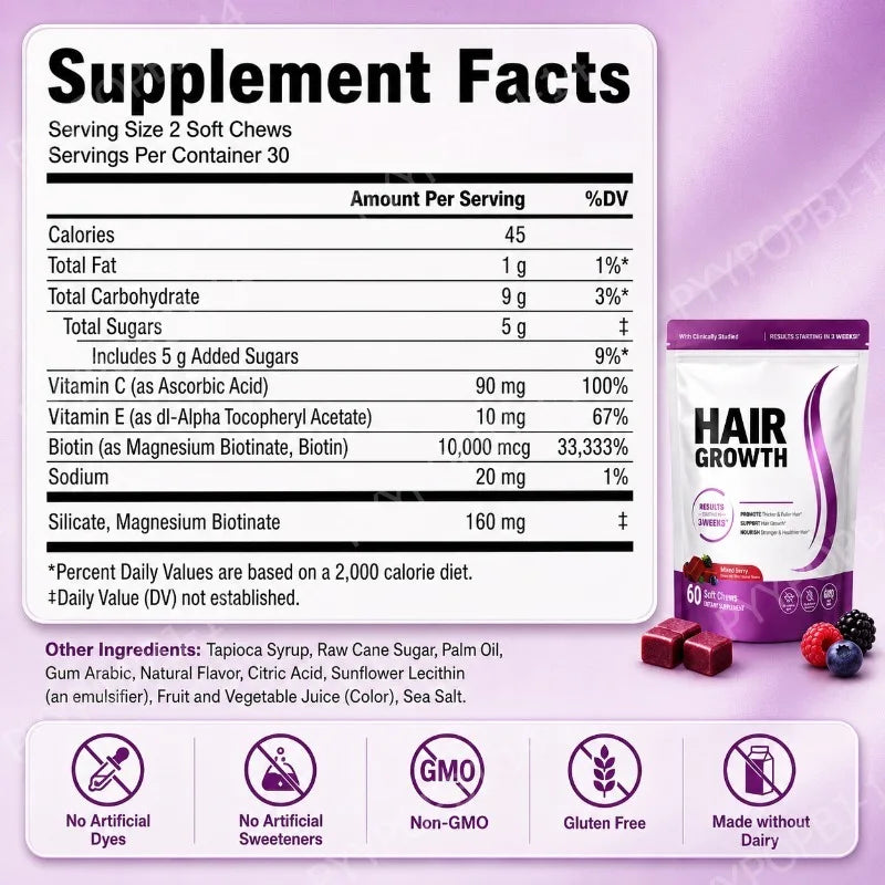 Hair Wellness Soft Chews with Biotin 10000mcg Vitamins C E Supports Healthy Looking Hair Mixed Berry 60 Soft Chews