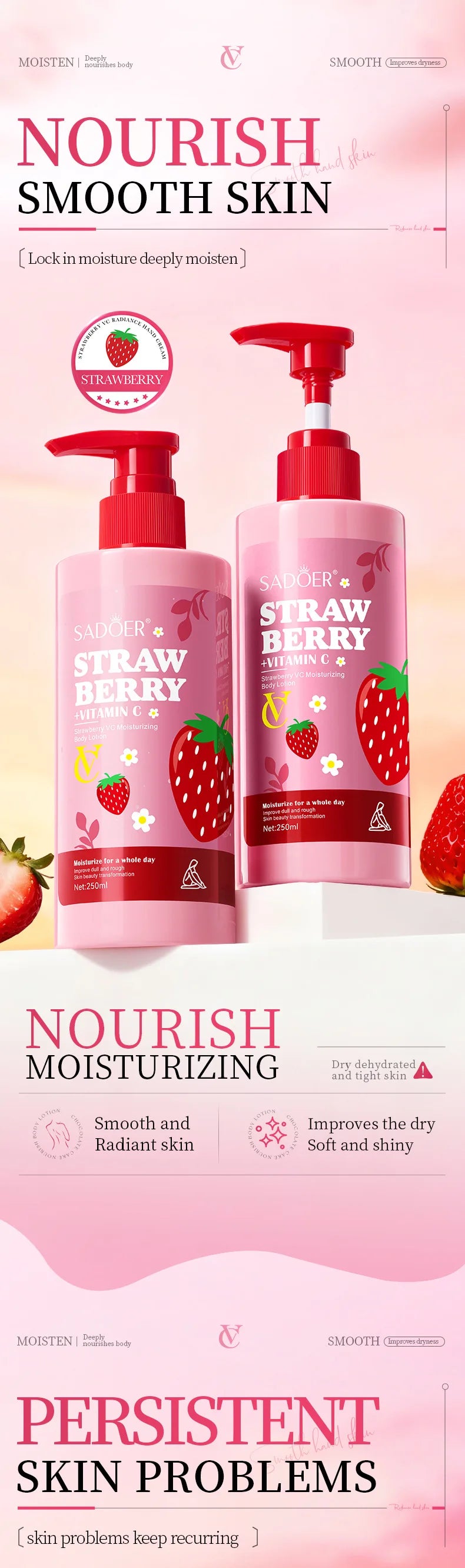 Strawberry VC Moisturizing Body Lotion Whitening Body Cream Lightening Skin Care Hand Cream Body Butter