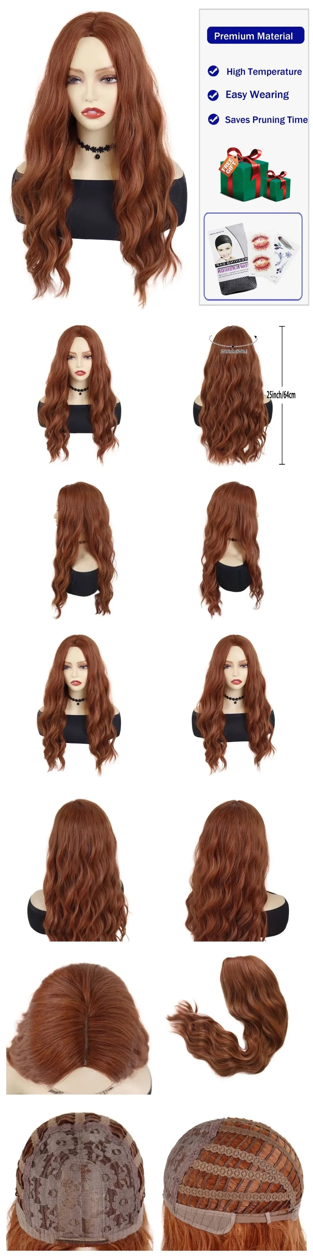 Synthetic Red Long Hair Witch Cosplay Wigs for Women Middle Part Wig Curly Wavy Wig Natural Looking Party