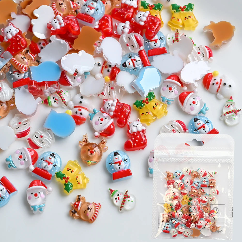 50Pcs/Lot 3D Cute Christmas Nail Art Decoration Kawaii Santa Claus Elk Snowman Rhinestones Flat Back Resin Xmas Manicure Parts