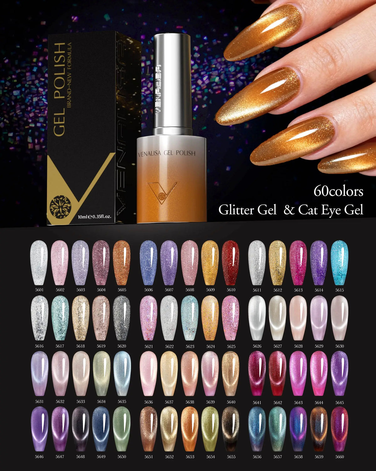 VENALISA 60 Colors TPO/HEMA FREE Glitter Gel Cat Eye Gel Nail Polish UV/LED Soak-Off Gel Polish Manicure DIY Nail Art Christmas