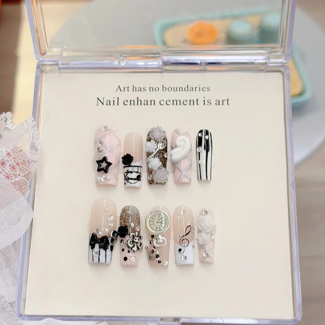 10pcs Handmade Long Coffin Press on Nails Halloween Cyberpunk Dark Rivet Design False nails European Heavy Metal Fake Nail Tips