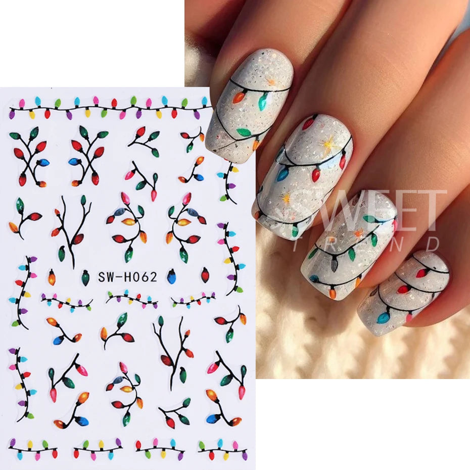 2pcs Glow In The Dark Christmas Nail Stickers Colorful Light Bulb Star Xmas Tree Pattern Nail Decals DIY Manicure Decor Sliders