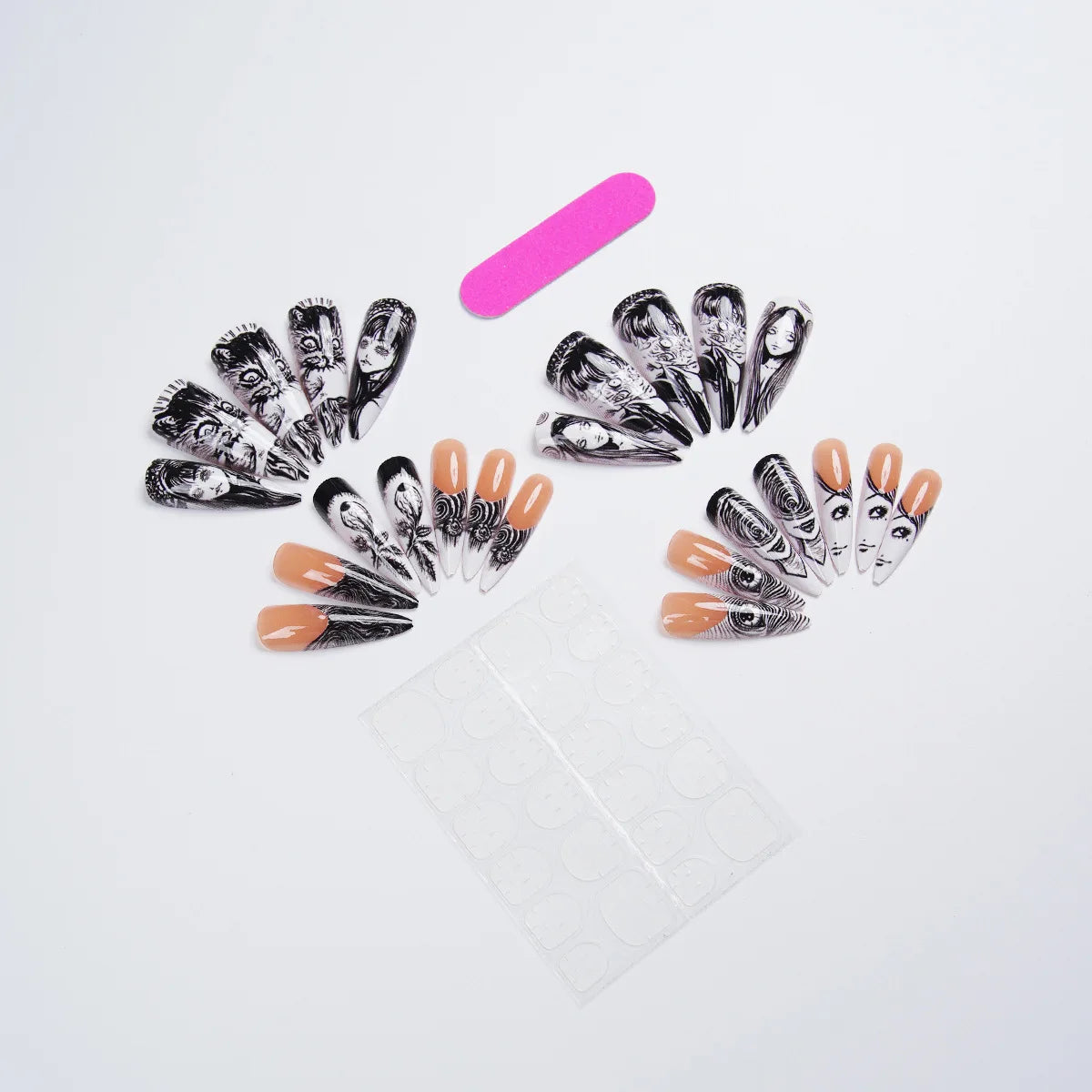 24pcs Horror Manga Press on Nails Halloween Face Eye Swirl Thorn Cat Fake Nail Gothic Spooky Long Stiletto False Nail for Women