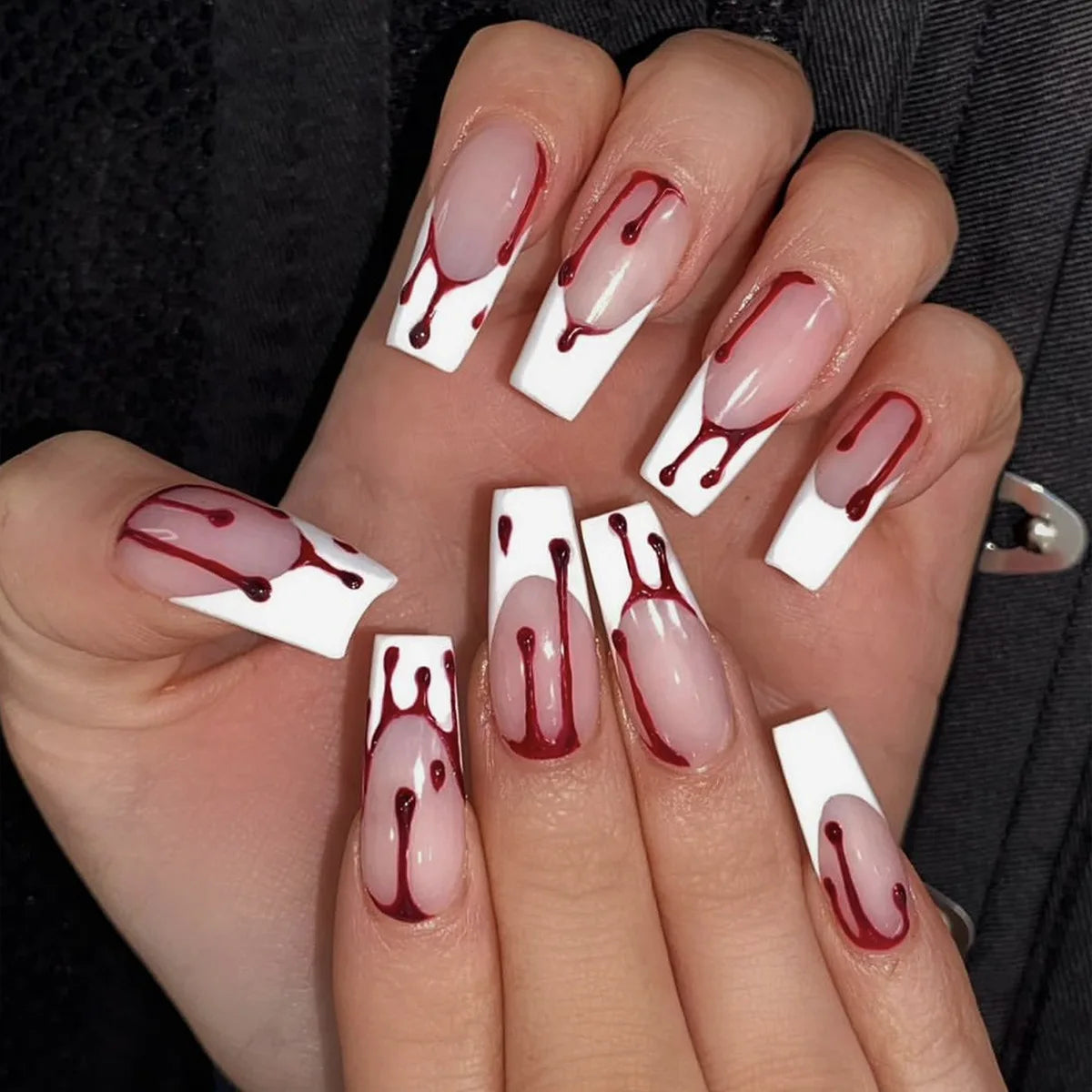 24Pcs Halloween Ballet False Nails with Jelly Blood Droplet Shading Design Coffin Press on Nails Mysterious Atmosphere Fake Nail