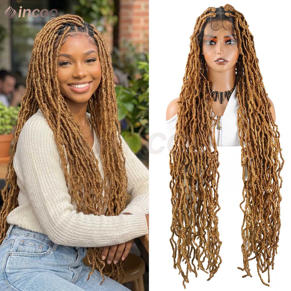 Locs Goddess Full Lace Synthetic Braided Wig 40'' Soft Butterfly Crochet Hair Wig Pre Looped Afro Box Braids Wig For Black Women