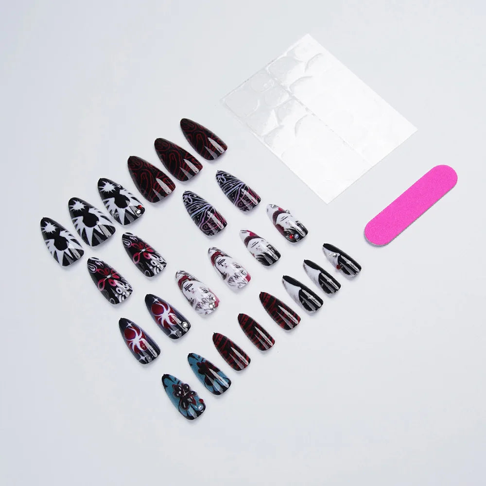 24Pcs Gothic Anime Press On Nails Black Red Almond Oval Fake Nails with 3D Rhinestone Spider Flower for Y2K Halloween Party Wear