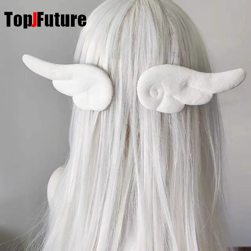 Women Harajuku Cos Subculture Punk Y2K girl Gothic personality Hair Accessories Hairpin white Plush fluffy wings Edge clamp