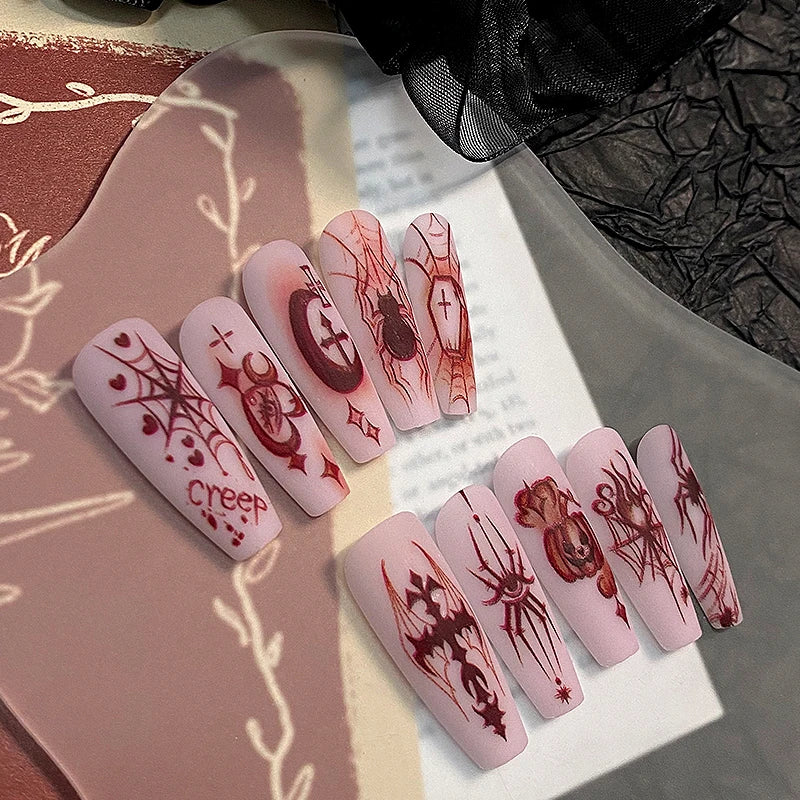 10Pcs Long Coffin Press On Nails Nude Pink Base Red Spider Cross Pumpkin Halloween Gothic Reusable False Nail Tips