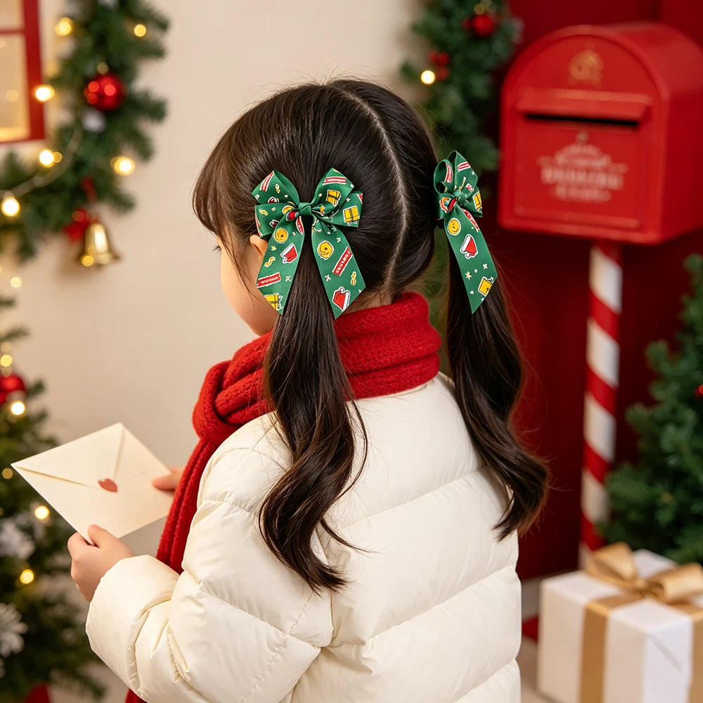 4Pcs Merry Christmas Printed Ribbon Bow Hair Clip Long Tail Barrette Red Green Xmas Tree Deer Pattern Hairpin Girls Headdress
