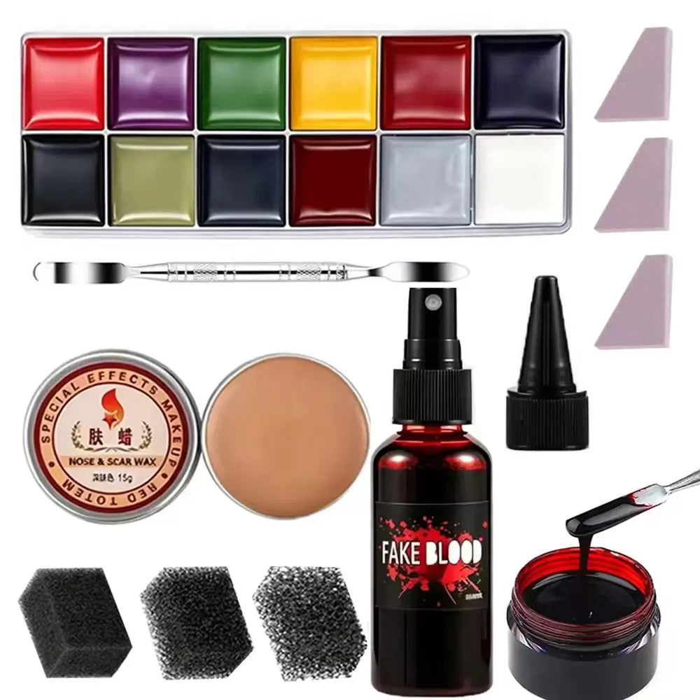 Special Effects SFX Halloween Makeup Kit - 12 Colors Face Body Paint Palette + Scar Wax with Spatula Tool + Fake Blood+Spong