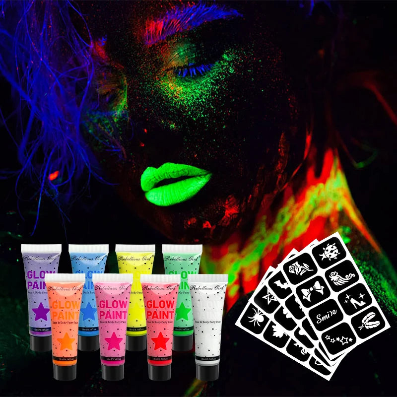 10ml 8 Colors UV Blacklight Face Paint with tattoo stickers，Fluorescent Neon Body Paints,Washable Quicker, Mardi Gras Halloween