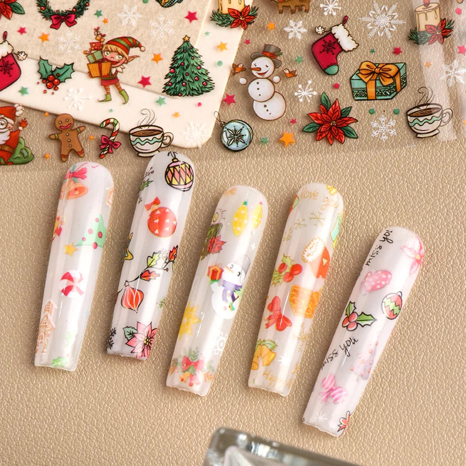 10pcs Christmas Nail Foils Transfer Stickers Xmas Tree Nail Decals Gingerbread Snowflake Winter Festive Nail Art Foil Decoration
