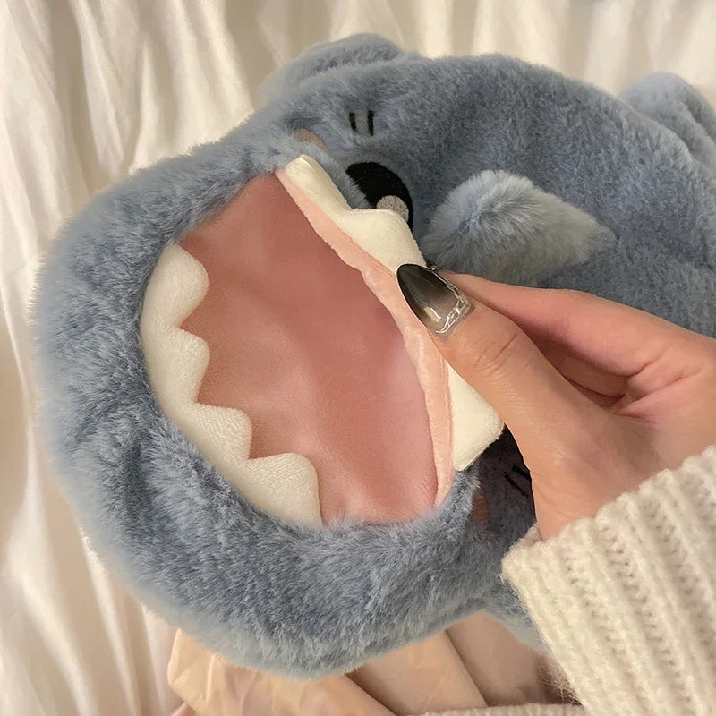 Portable Cute Plush Shark Hot Water Bottle Bag Stress Pain Relief Detachable Winter Warm Heat Reusable Hand Warmer