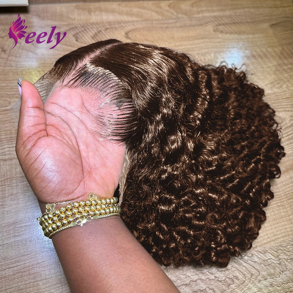 250% Dark Brown Deep Wave Short Bob Wig Human Hair Curly Transparent Lace 13x4 Human Hair Wigs Pre Plucked 10-16 Inch