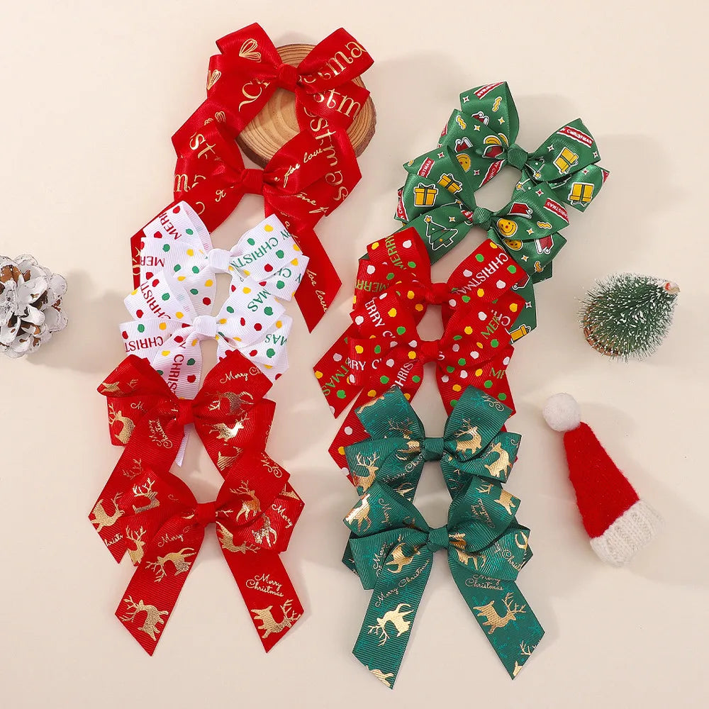 4Pcs Merry Christmas Printed Ribbon Bow Hair Clip Long Tail Barrette Red Green Xmas Tree Deer Pattern Hairpin Girls Headdress