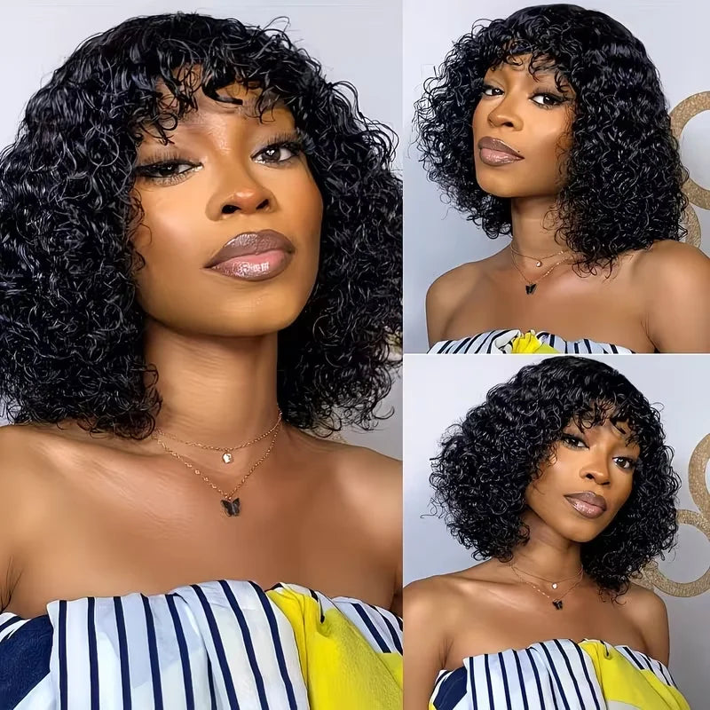 3X1 Middle Part Lace Curly Bob Wigs With Bangs Brazilian Hair Machine Made Short Bob Wig With Realistic Scalp Natural Black Color