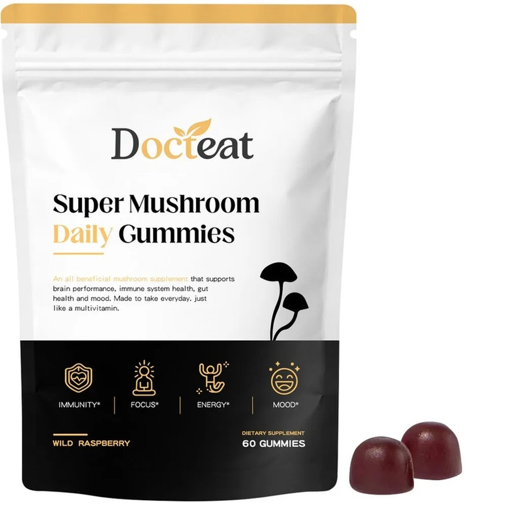 Docteat Super Mushroom Daily Gummies 10:1 Fruiting Body Blend Supports Cognitive Clarity Focus and Immune Vigilance 60 Gummies