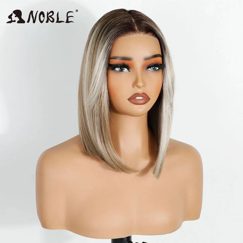 Noble Synthetic Lace Front Wigs For Women 12 Inch Pre Plucked Pre-Cut Ombre Brown Blonde Straight Layered Bob Wig Cosplay Wig