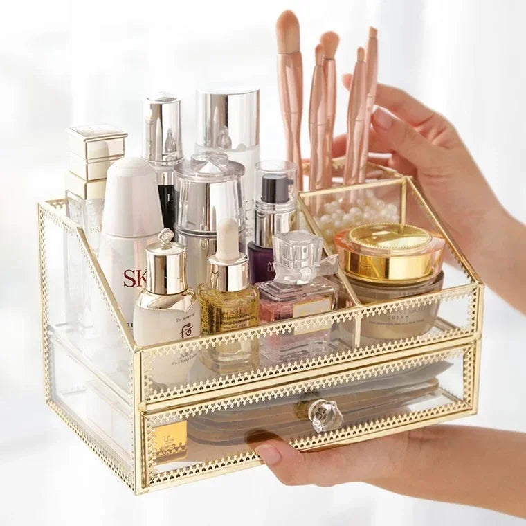 Golden Glass Cosmetic Storage Box Makeup Organizer Perfume Bathroom Make Up Tools Box for Cotton Pads Jewelry Display Rack